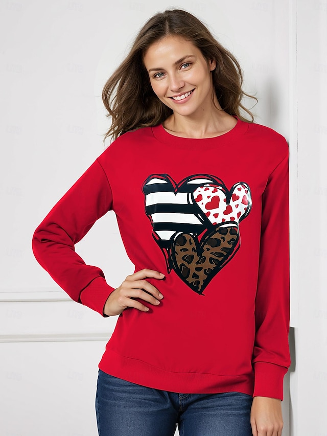  Dame Sweatshirt bluse Hjerte Leopard Valentinsdag Afslappet Trykt mønster Rød Sport Rund hals Langærmet Mikroelastisk Forår & Vinter