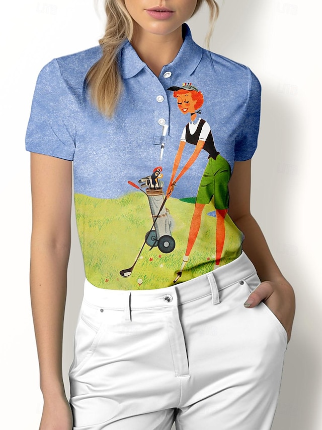  Women's Golf Polo Shirt Blue Short Sleeve Sun Protection Top Ladies Golf Attire Clothes Outfits Wear Apparel