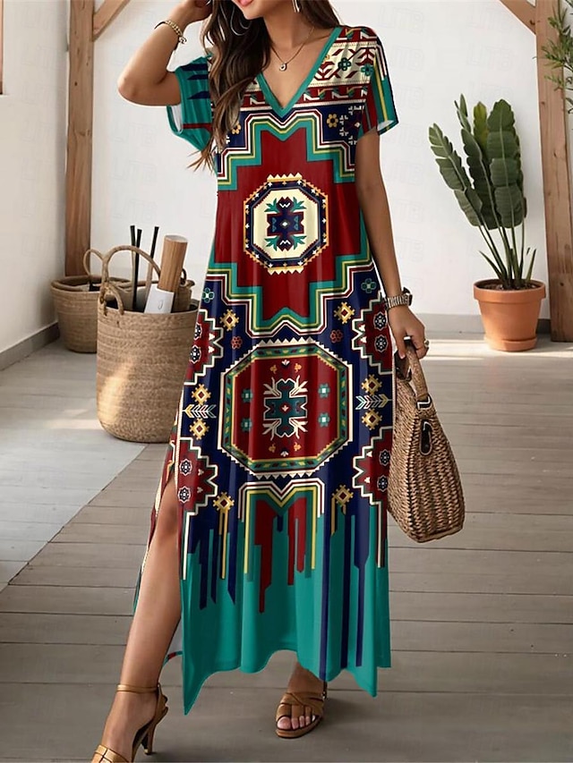  Női Vintage ruha hétköznapi ruha Mértani Színes Hasított Nyomtatott V-alakú Hosszú ruha Maxi ruha Szüret Etno Vakáció Rövid ujjú Nyár