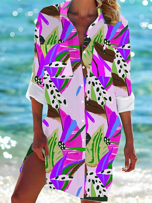 Women's Mini Dress Shirt Dress Hawaiian Shirts Flowy Fashion Buttons Print Long Sleeve Long Shirt Collar Casual Holiday Beach Yellow Red Blue Purple Green Summer Holiday Clothes Beach Wear 6