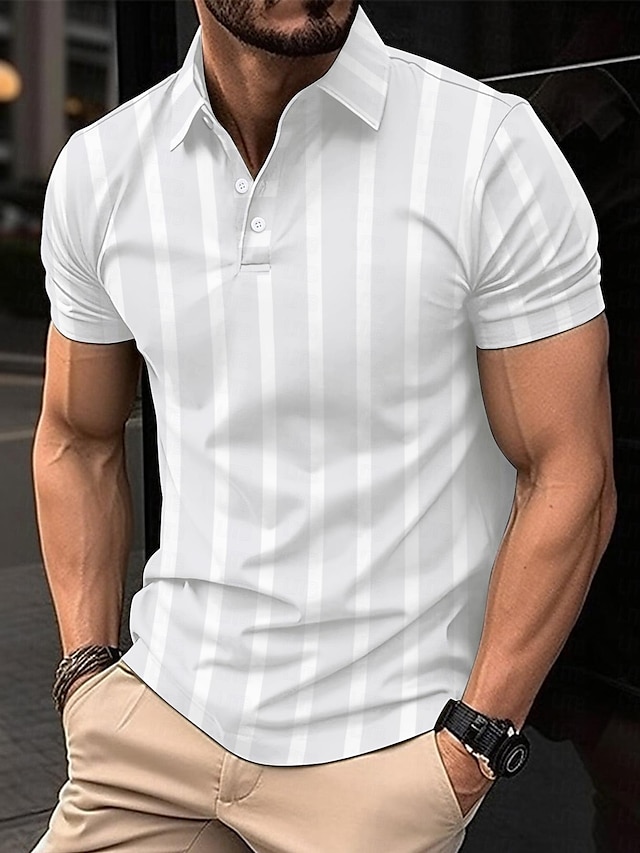  男性用 ポロシャツ ワーク ストリート 折襟 半袖 縞柄 ベーシック 夏 ルーズフィット ホワイト カーキ色 ポロシャツ