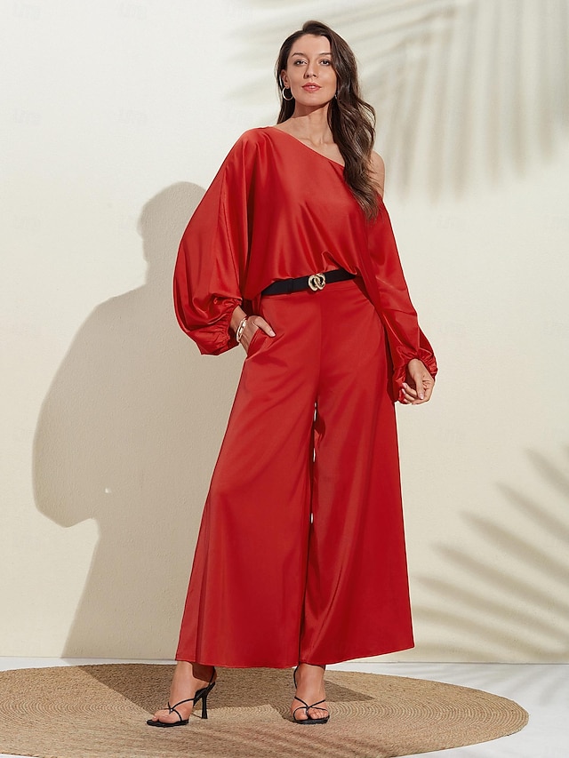  Satin Solid Puff Sleeve Cold Shoulder Culottes Suit