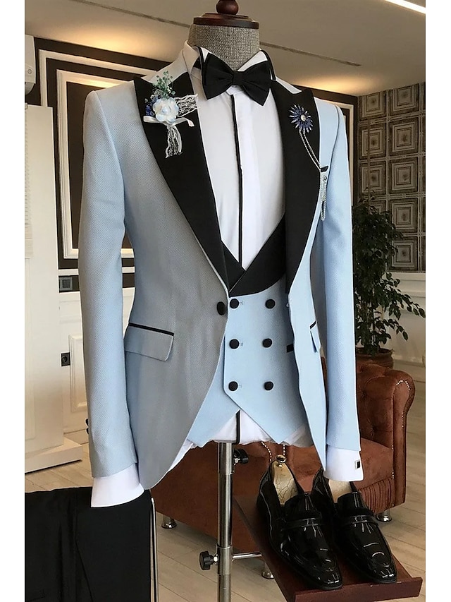  White Royal Blue Sky Blue Men's Wedding Party Tuxedos 3 Piece Solid Colored Peak Tailored Fit Single Breasted One-button 2023