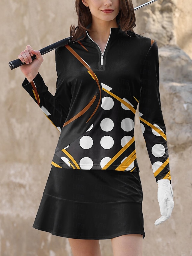  Női POLO trikó Fekete Kék Hosszú ujj Napvédő Felsők Pöttyös Ősz Tél Női golffelszerelések ruhák ruhák, ruházat