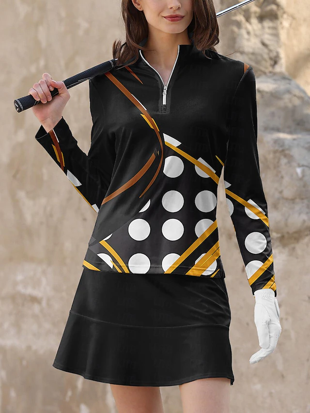 Women's Golf Polo Shirt Black Pink Blue Long Sleeve Sun Protection Top Polka Dot Fall Winter Ladies Golf Attire Clothes Outfits Wear Apparel 14