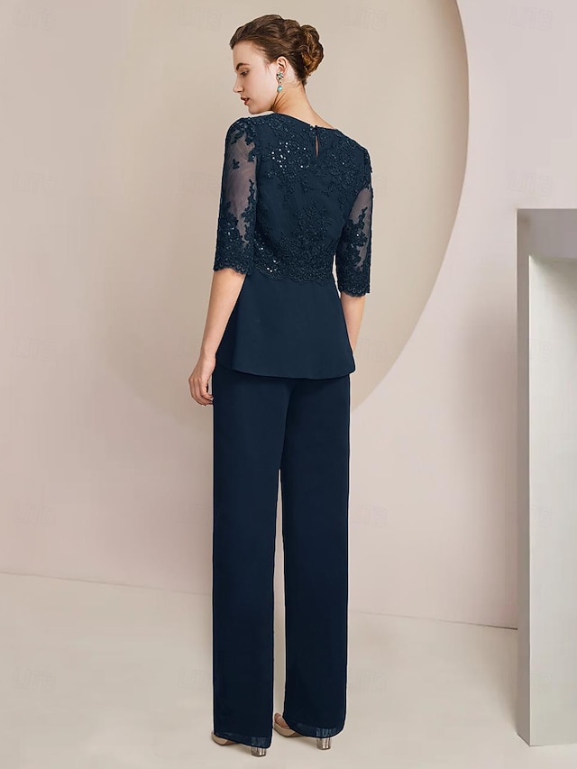 A-Line Mother of the Bride Dress Wedding Guest Elegant Scoop Neck Floor Length Chiffon Lace Sequined Short Sleeve with Sequin Ruching Sparkly main image 1