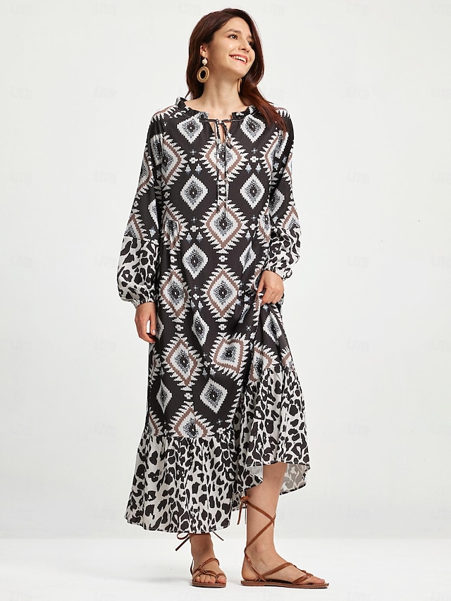 boho αφηρημένο μάξι φόρεμα με animal print