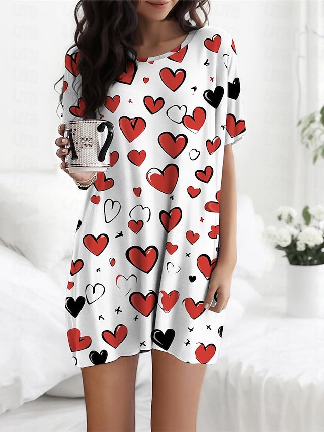 Women's Nightgown Nightshirt Dress Heart Fashion Comfort Soft Home Daily Bed Polyester Breathable Crew Neck Short Sleeve Summer Spring White