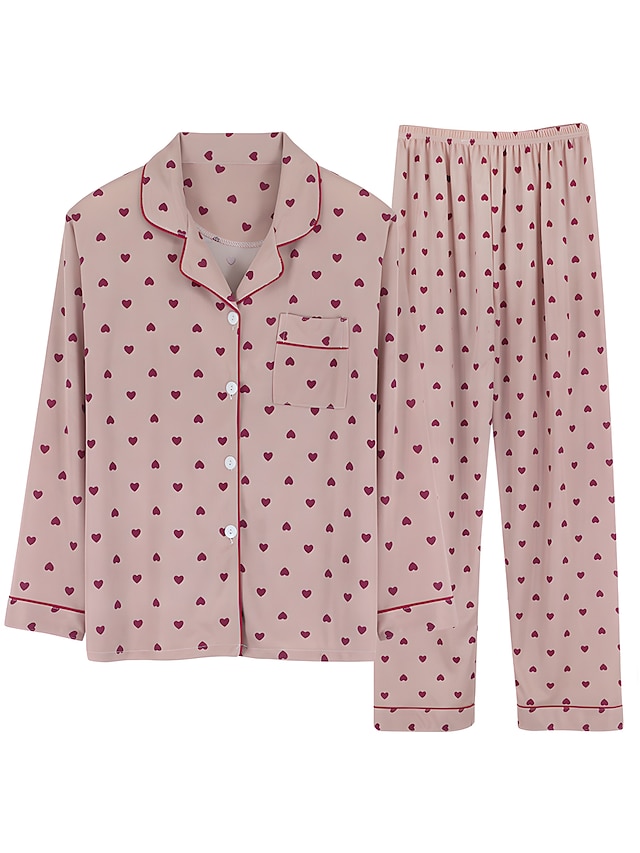  pyjamasset för kvinnor hjärta rutnät / pläd mode komfort mjukt hem daglig säng satin siden andas lapel långärmad skjorta byxknappficka höst vinter hem outfits