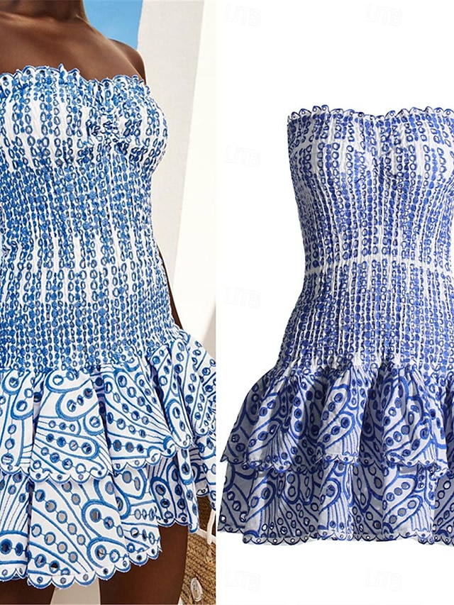  Γυναικεία Καθημερινό φόρεμα Εφαρμοστό Φλοράλ Με Βολάν Πολυεπίπεδο Στράπλες Μίνι φόρεμα Χαβανέζα Σέξι Ημερομηνία Διακοπές Αμάνικο Καλοκαίρι