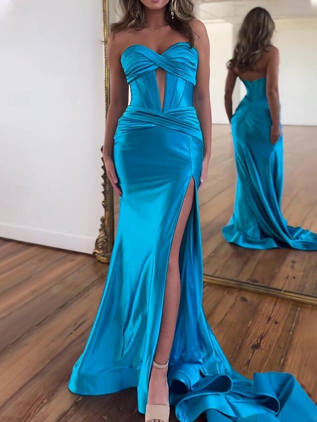 A-Line/Elegant Strapless Sleeveless Floor-Length Ruffles Satin Prom Dresses main image 1