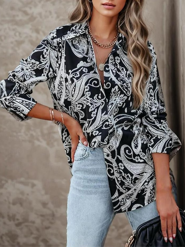  Chemise Femme Manches Longues Blouse à Boutons Mode Imprimé Paisley Classique Regular Tops Col Chemise Décontracté Noir Printemps  Automne