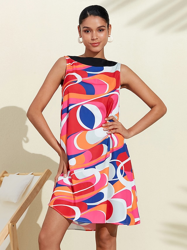  vestido de cetim com estampa geométrica colorida e simplificada