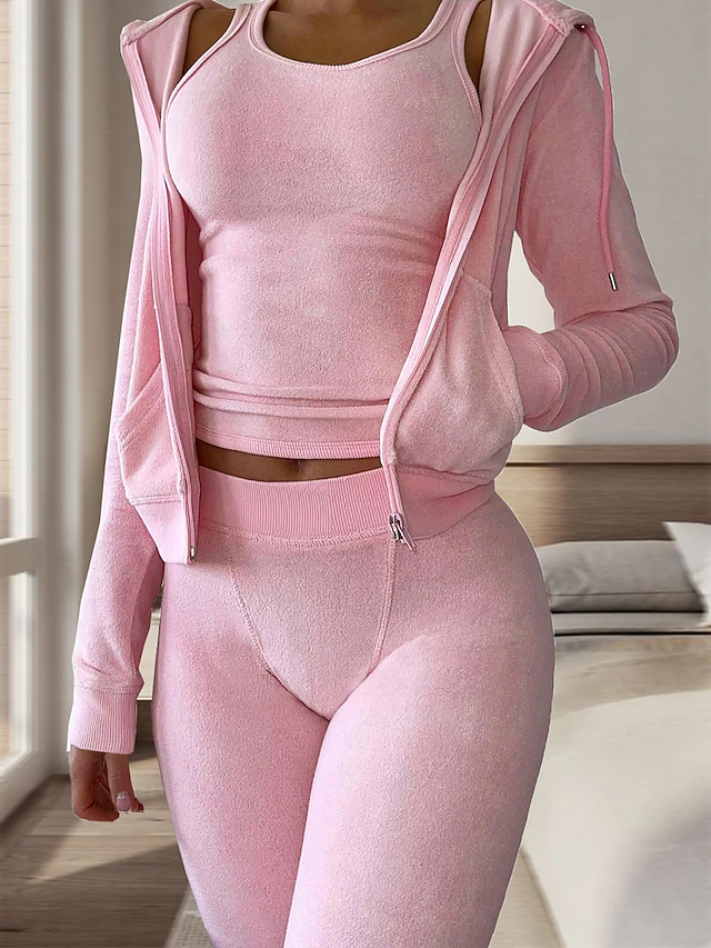 Women's Pajamas Sets 3 Pieces Pure Color Warm Fashion Plush Home Daily Bed Flannel Warm Breathable Hoodie Long Sleeve Hoodie Pant Fall Winter Home Outfits 16