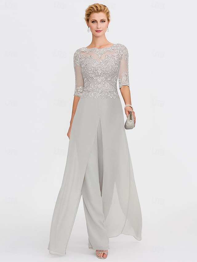  Two Piece Jumpsuit / Pantsuit Mother of the Bride Dress Formal Wedding Guest Elegant Wrap Included Bateau Neck Floor Length Chiffon 3/4 Length Sleeve with Appliques 2024