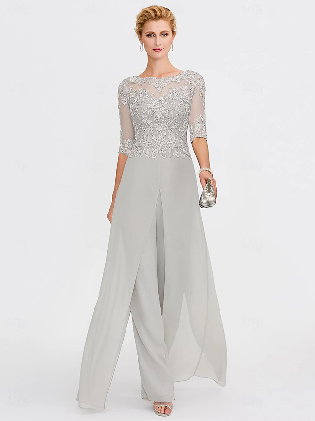 Beach Wedding Two Piece Jumpsuit Mother of the Bride Formal Wedding Guest Elegant Wrap Included Bateau Neck Floor Length Chiffon 3/4 Length Sleeve with Appliques 19