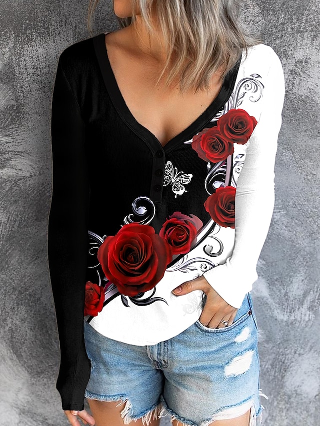  Női Póló Henley ing Rózsa Virágos Hétköznapi Szabadság Gomb Nyomtatott Fekete Hosszú ujj Divat Terített nyak Tavasz & Ősz