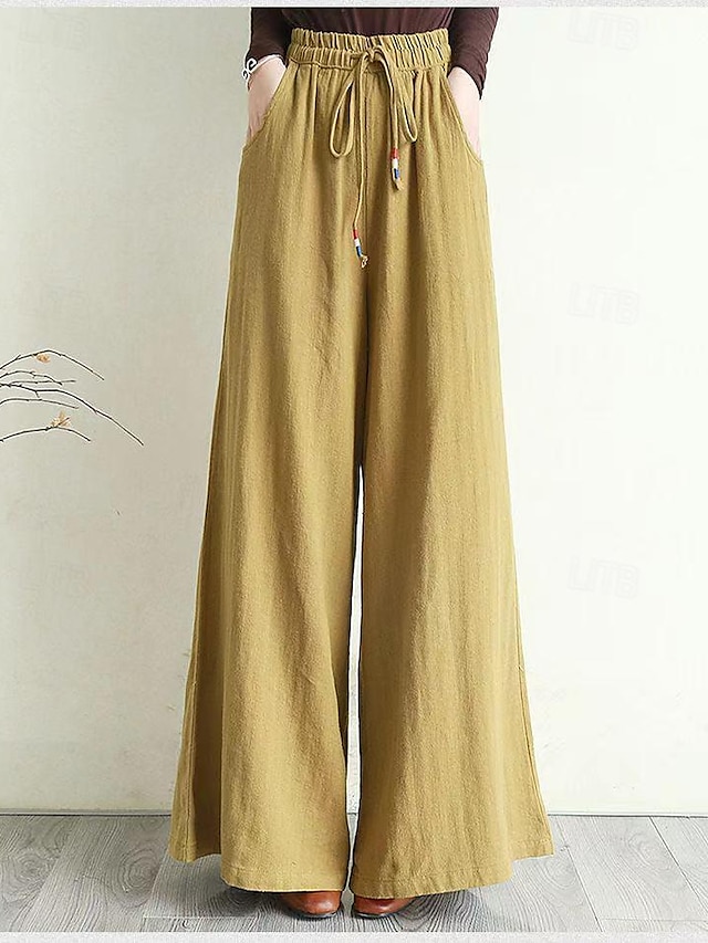  Mujer Perneras anchas Pantalones de lino Sabana de algodon Bolsillos laterales Perneras anchas Longitud total Negro Primavera verano