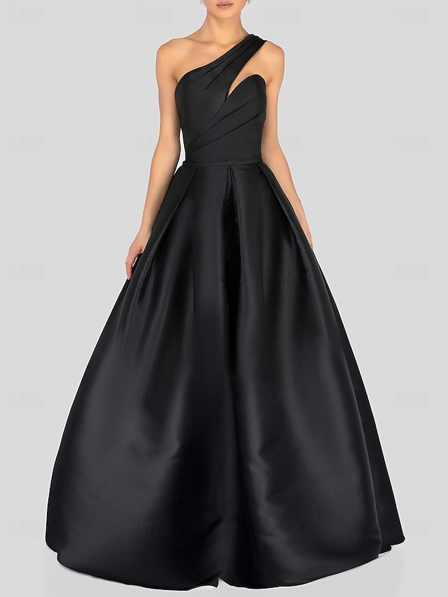  Γραμμή Α Φορέματα χορού Μικρό Μαύρο Φόρεμα Φόρεμα Επίσημο Χοροεσπερίδα Μακρύ Αμάνικο Ένας Ώμος Σατέν με Πιασίματα 2024