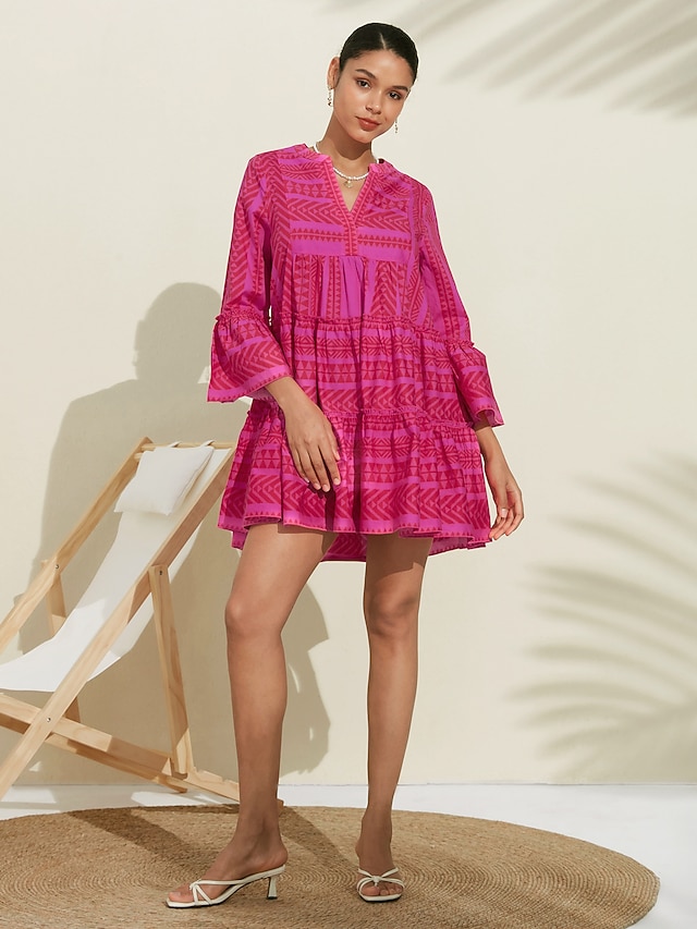 Damskie Codzienne sukienki Letnie sukienki Różowa sukienka Rumiany róż Rękaw 3/4 Geometryczny Wzór w paski %100 Pamuk Falbana Falbany Luźna Wiosna i lato Boho Walentynki Prosty styl mody Urlop Plaża