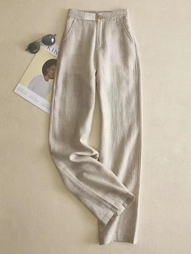  Women's Pants Trousers Cotton And Linen Side Pockets Full Length Black Spring &  Fall