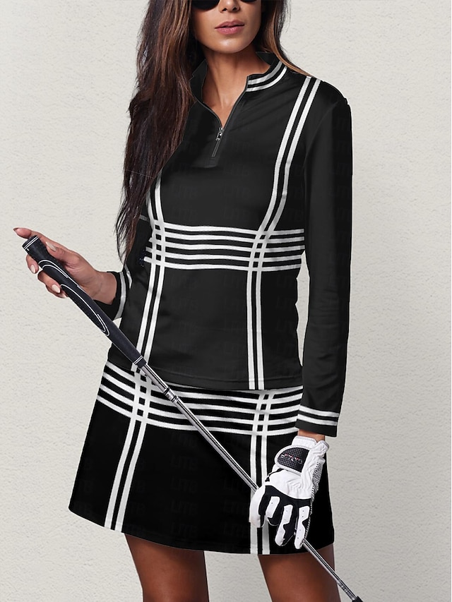  Damen poloshirt Schwarz Langarm Sonnenschutz Shirt Streifen Herbst Winter Damen-Golfkleidung, Kleidung, Outfits, Kleidung