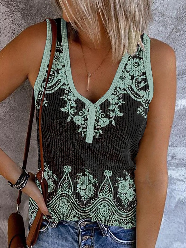  Women's Tank Top Bohemian Paisley Knit V-Neck Sleeveless Casual Fitted Ribbed Black Cream Layering Summer Clothing Apparel