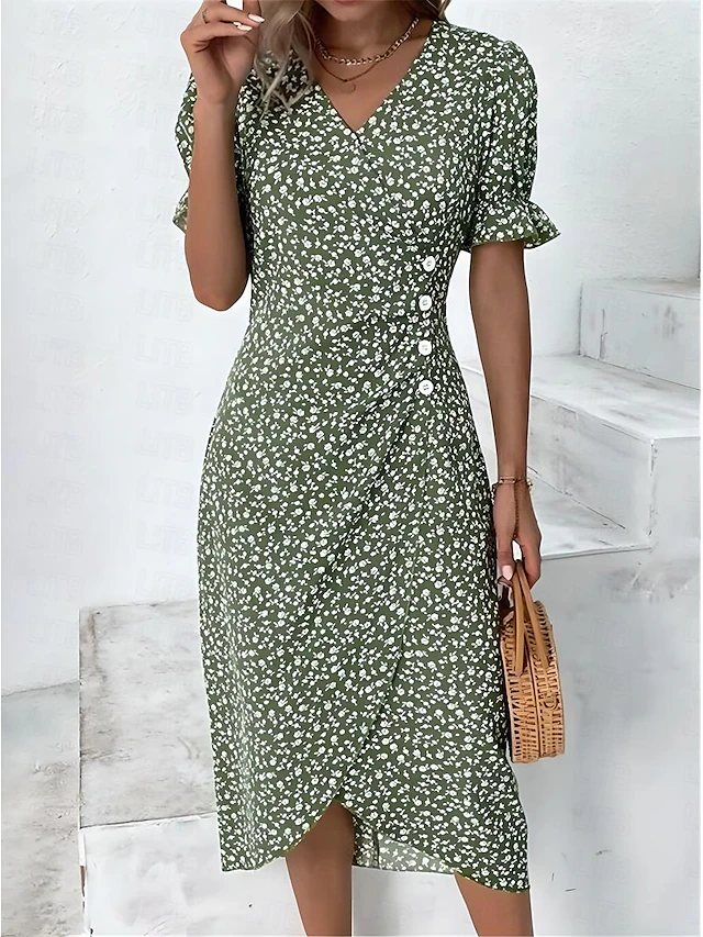 Women's Wrap Dress Floral Ditsy Floral Button Print V Neck Midi Dress Classic Daily Vacation Short Sleeve Summer Spring 17