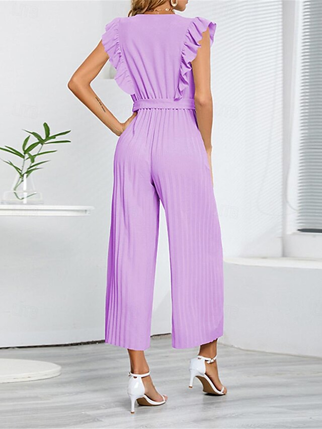 Womens Normal Jumpsuit Elegant Solid Color Sleeveless V Neck Ruffle