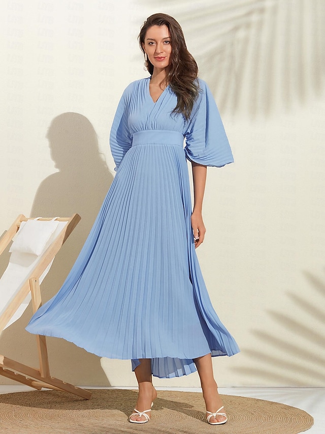 Damen Hochzeitsgastkleid Maxi Blau V-Ausschnitt Fledermausärmel Plissee Chiffon