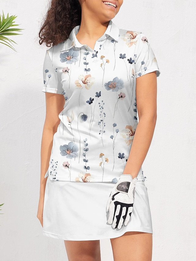  女性用 ポロシャツ ホワイト レッド 半袖 日焼け防止 トップス フラワー レディース ゴルフウェア ウェア アウトフィット ウェア アパレル
