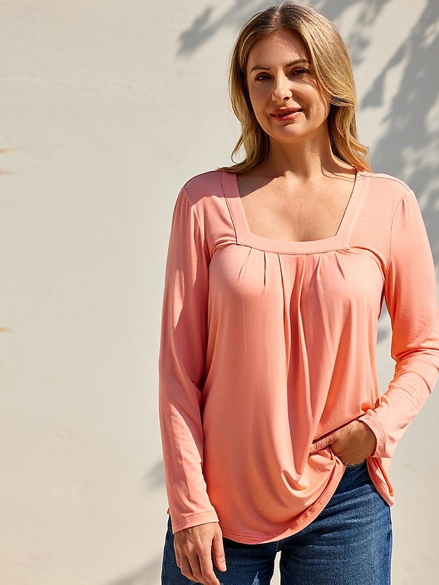  Damen T Shirt Burgunderrotes T-Shirt Elegante Oberteile Glatt Täglich Basic Strand Design Langarm Quadratischer Ausschnitt Normale Oberteile Casual Weißer langer Ärmel Blauer Langarm Schwarzer