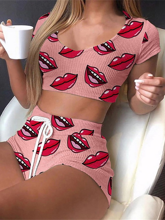  Women's Pajamas Sets Lip Color Combo Casual Comfort Soft Home Daily Bed Polyester Breathable Crew Neck Short Sleeve Crop Top Shorts Summer Spring Black White