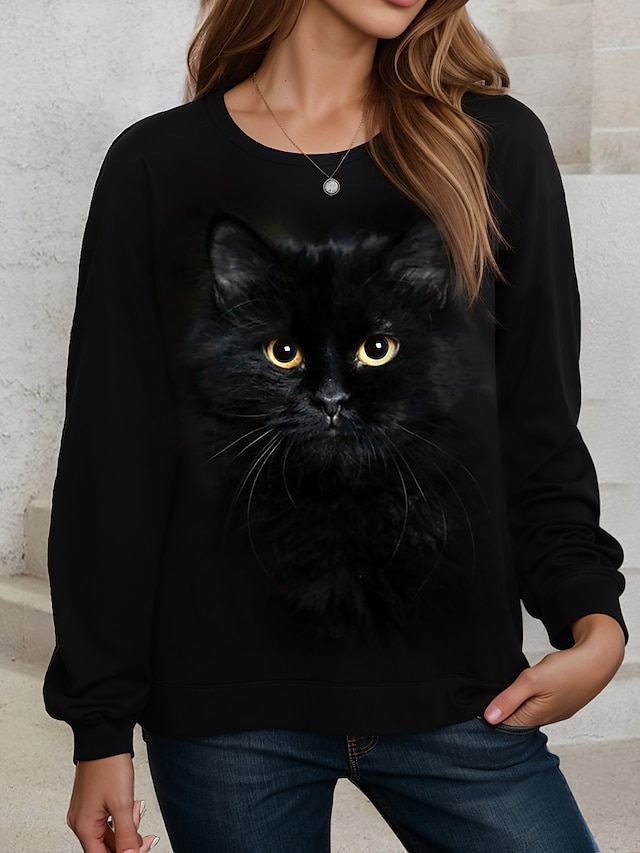  Women's Plus Size Sweatshirt Pullover Cat Street Casual Black Basic Round Neck Long Sleeve Top Micro-elastic Fall & Winter