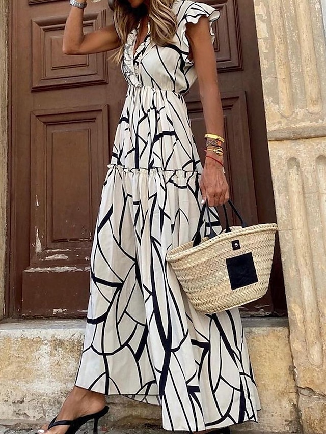  Női hétköznapi ruha Fodrozott Nyomtatott V-alakú Hosszú ruha Maxi ruha Csehország Vakáció Tengerpart Ujjatlan Nyár