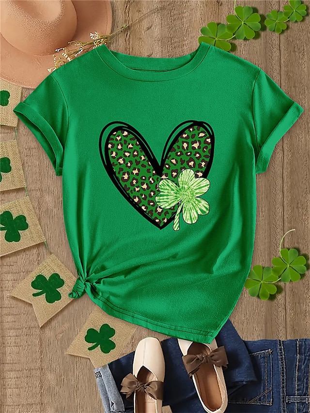  Damen T Shirt 100% Baumwolle Herz Kleeblatt Bedruckt St.Patrick's Day Festtage Modisch Basic Kurzarm Rundhalsausschnitt Gras-Grün Sommer