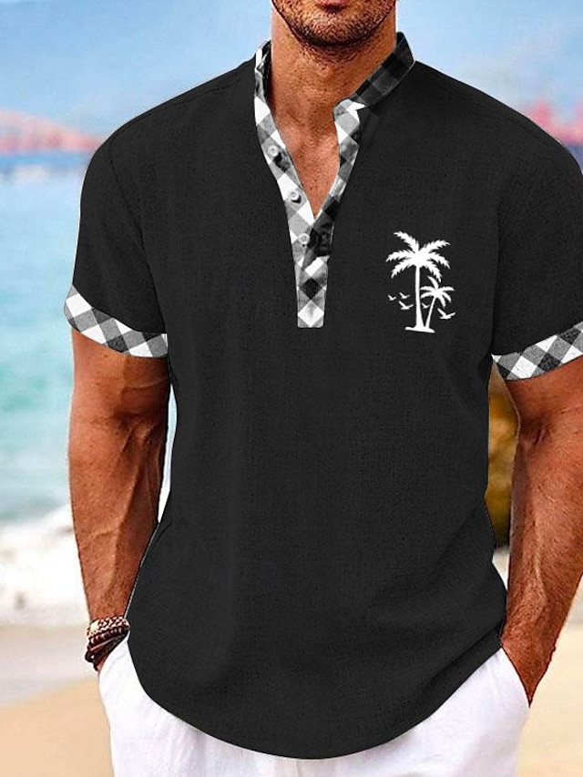  Men's Plaid Coconut Palm Tropical Plants Summer Shirt Casual Shirt Summer Hawaiian Shirt Short Sleeve Shirt Stand Collar Henley Collar Hawaiian Resort Vacation Holiday Going out Black White Blue S M L