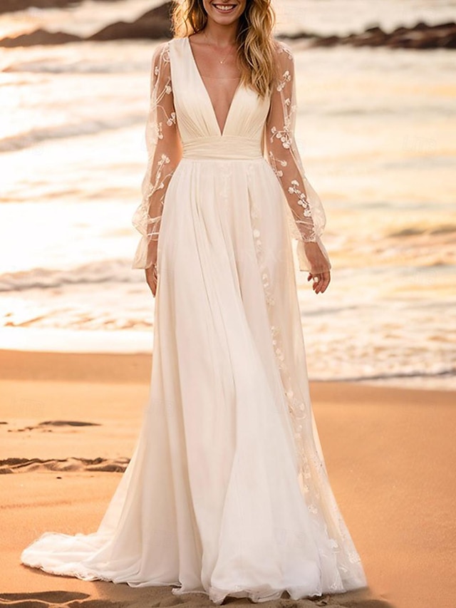  Beach Wedding Dresses A-Line V Neck Long Sleeve Floor Length Chiffon Bridal Gowns With Solid Color 2024