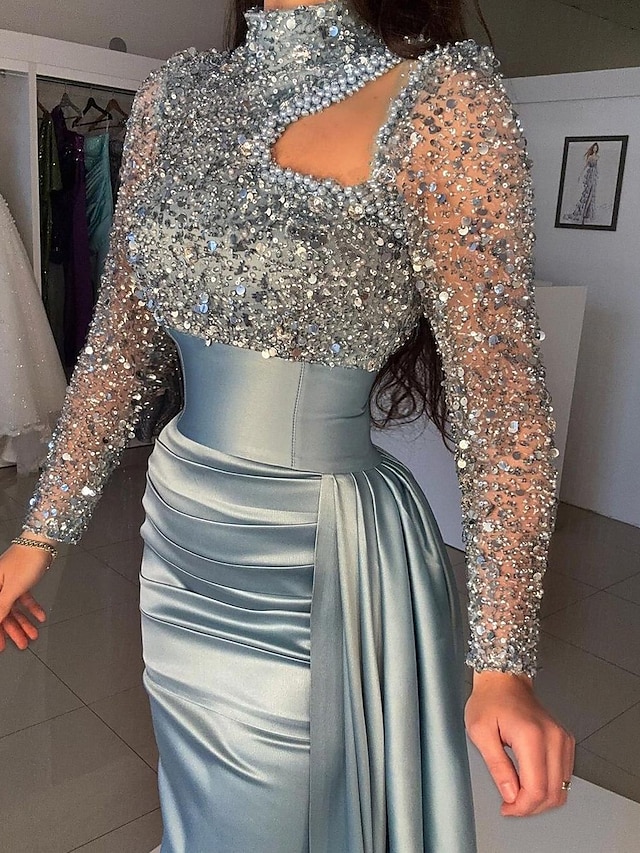  Mermaid / Trumpet Evening Gown Sliver Elegant Dress Formal Sweep / Brush Train Long Sleeve High Neck Satin with Pearls Sequin 2024