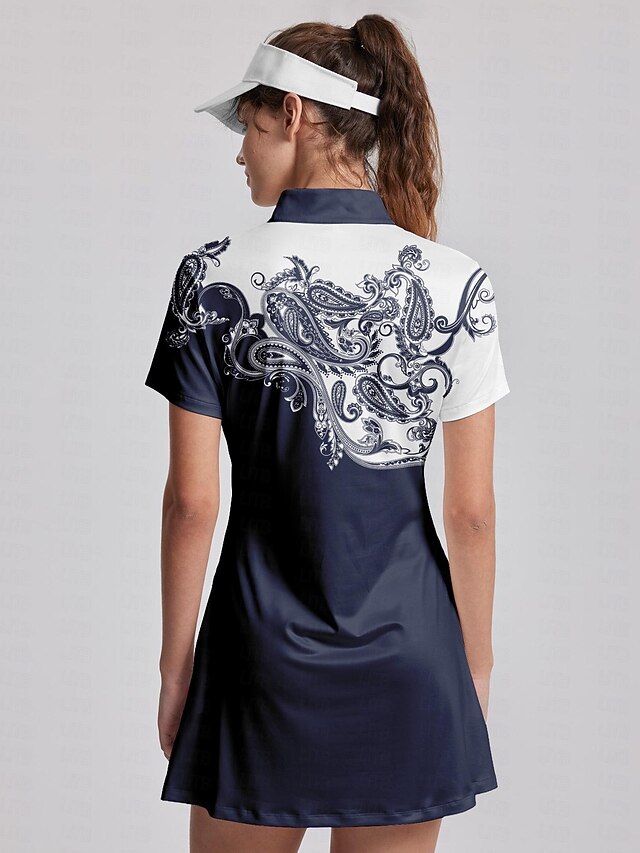 Women's Golf Dress Black Short Sleeve Sun Protection Dress Paisley
