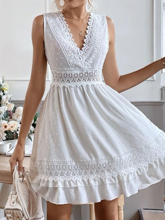  Жен. Белое платье Мини-платье Хлопок Оборки с рукавом Свидание Уличный стиль V-образный вырез Без рукавов Белый Цвет
