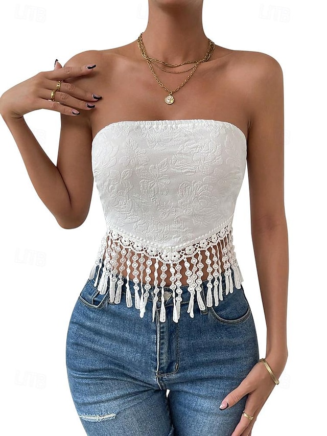  Lace Shirt Tube Top White Lace Shirt Women's White Yellow Pink Floral Tassel Street Daily Fashion S