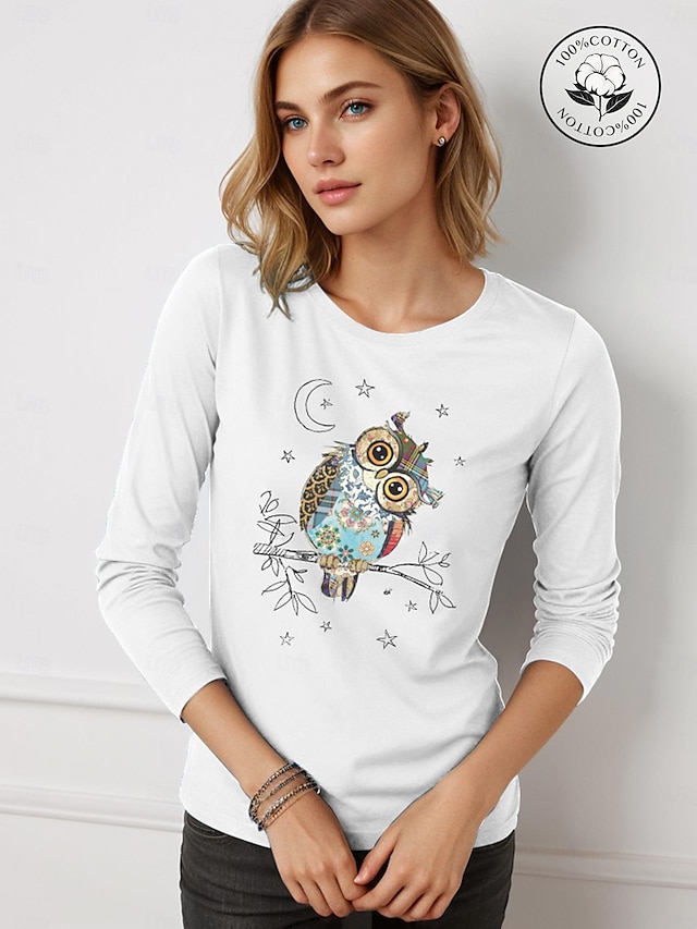  100% Cotton Owls Print Women's Casual Daily T shirt Long Sleeve Crew Neck T shirt