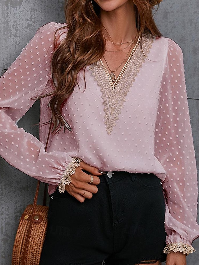  Рубашка Кружевная рубашка Блуза Сетчатый топ в стиле пэчворк Жен. Розовый Винный Сплошной цвет Кружева Для улицы Повседневные Мода V-образный вырез S
