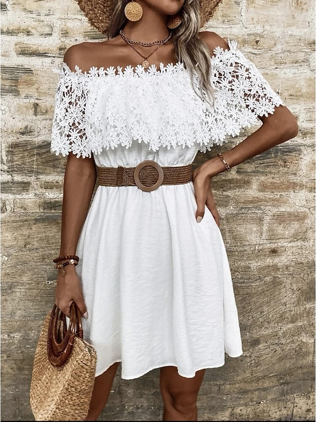  Women's White Lace Wedding Dress Mini Dress Cotton with Sleeve Date Off Shoulder Short Sleeve White Color