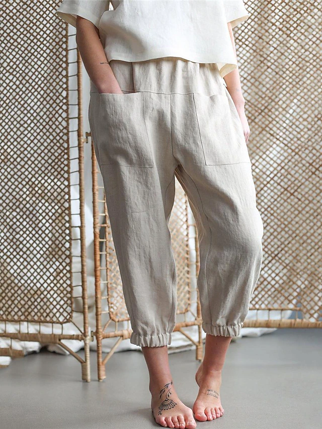 Women's Cotton Linen Pants Comfort Pure Color Pocket Elastic Waist Breathable Micro-elastic Home Black White Khaki Summer 14
