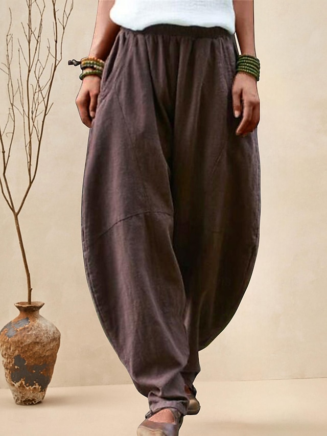  damskie spodnie typu chinos spodnie z szeroką nogawką Bloomers pełna długość bawełniana i lniana kieszeń luźna mikroelastyczna wysoka talia prosty codzienny miejski codzienny krójkolor czarny s m