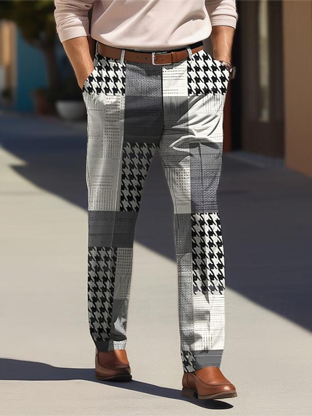  Houndstooth business casual heren zakelijke 3D-geprinte pantalon platte voorkant rechte pijpen relaxed-fit polyester medium taille broek outdoor straatkleding naar het werk dagelijkse kleding s tot