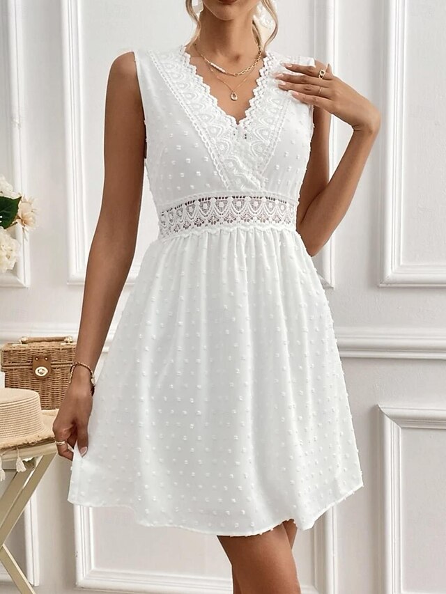  Women's White Lace Wedding Dress Mini Dress Cotton with Sleeve Date Streetwear V Neck Sleeveless White Color
