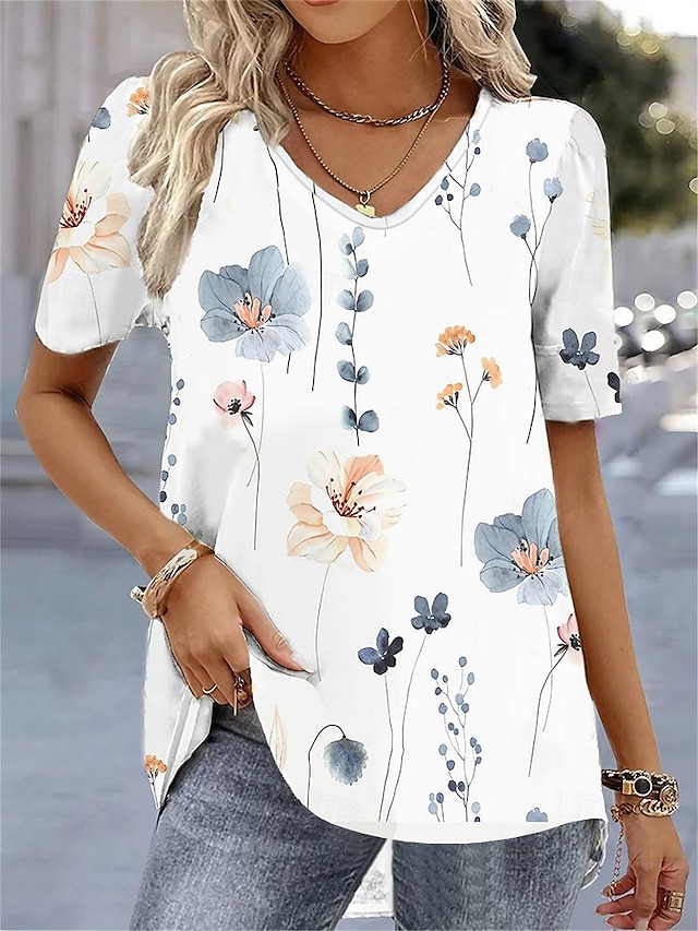 Women's T shirt Tee Floral Print Holiday Weekend Basic Short Sleeve V Neck White